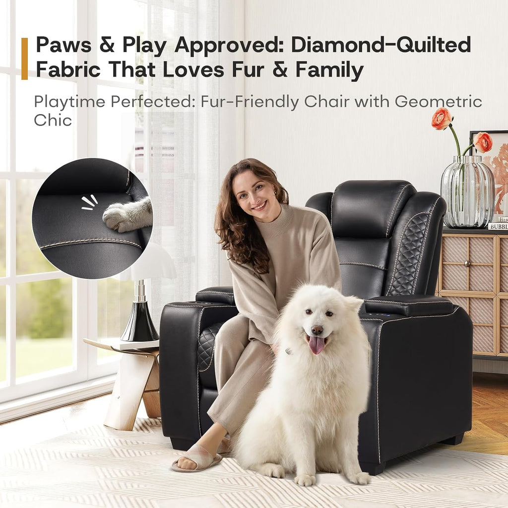 ANJ Power Home Theater Seating Set of 2, PU Leather Electric Recliner Chair with Adjustable Headrest, Movie Reclining Chairs with LED Lights,USB Port, Cup Holders, Hidden Arm Storage (Black)