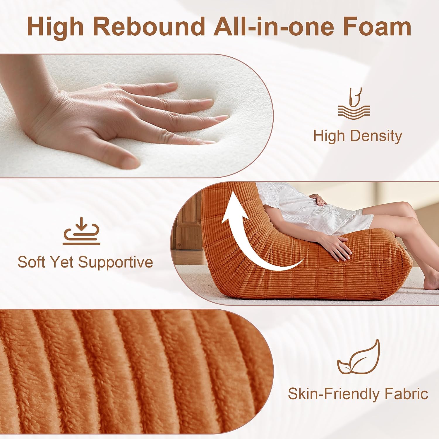 Bean Bag Chair for Adults, Giant Bean Bag Chairs with Lumbar Pillow, Oversized Corduroy Memory Foam Boneless Chair with High-Rebound, Lazy Floor Sofa for Reading Gaming Living Room Bedroom, Orange