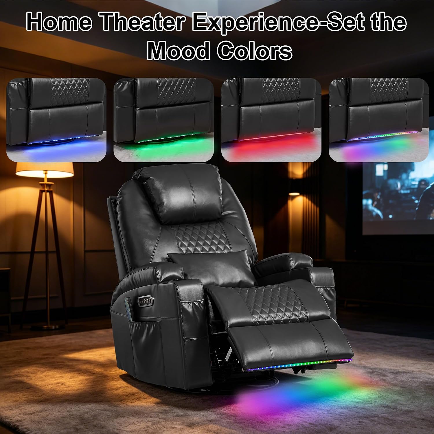 Dual Motor Power Swivel Rocker Recliner Chair for Adults with Heat and Massage,Electric Wall Hugger Glider Rocking Recliner for Nursery Living Room with LED Lights,USB A&C Ports(Black, Single)