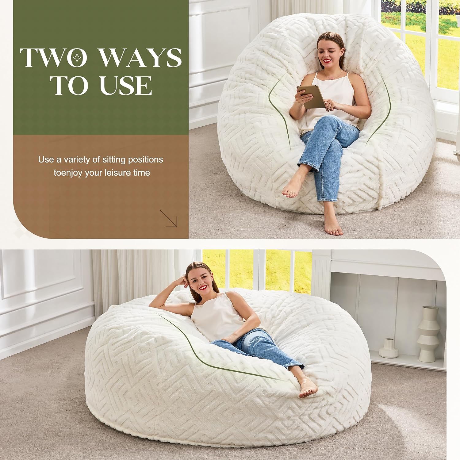Hobestluk Bean Bag Chairs Adults Beanbag Chair with Filler Large Bean Bags with Fluffy Embossed Cover, Giant Bean Bag Chairs for Adults (White, 6FT - 70' x 70' x 15')