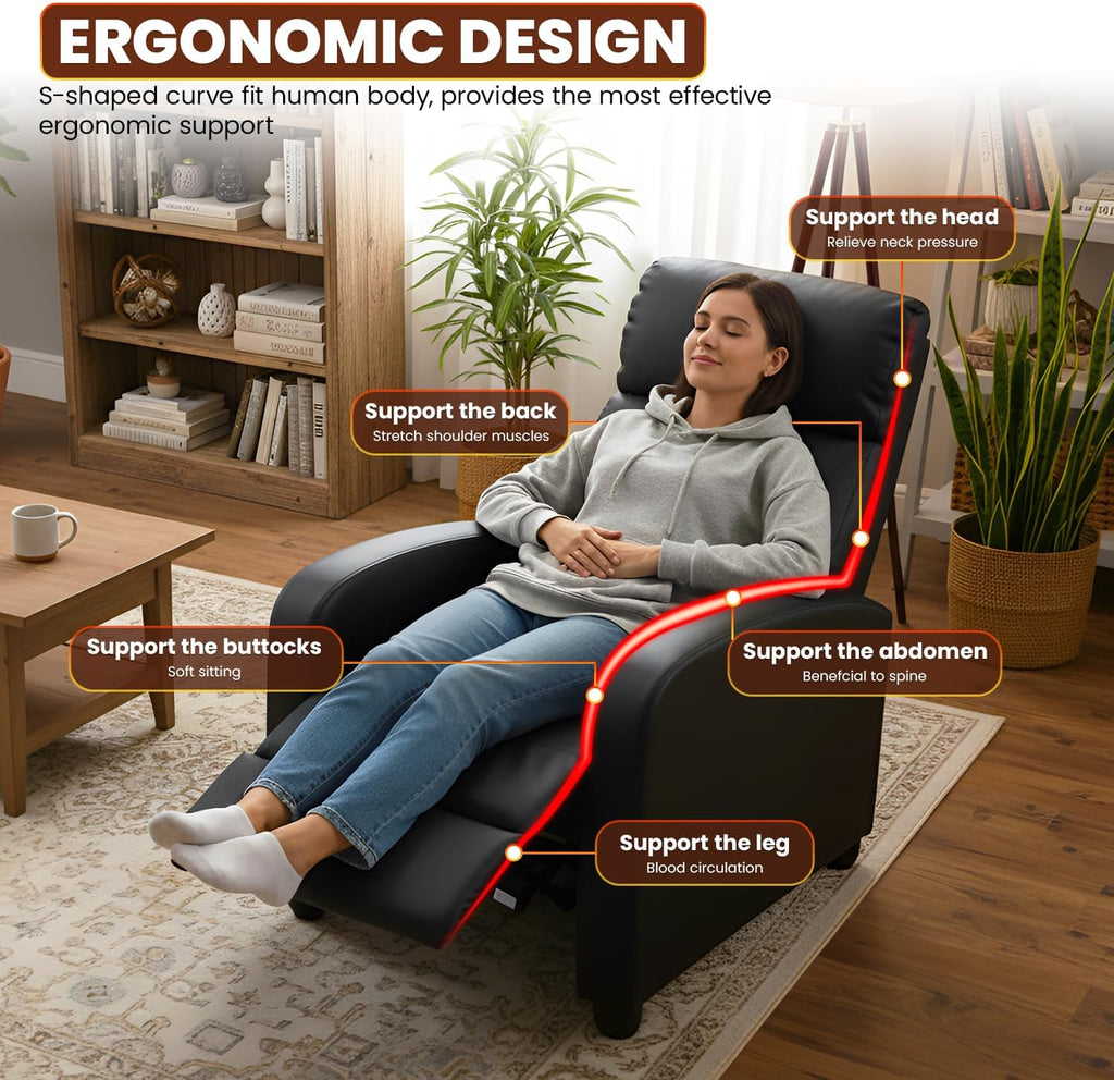FDW Recliner Chair for Living Room Home Theater Seating Single Reclining Sofa Lounge with Padded Seat Backrest (Black)