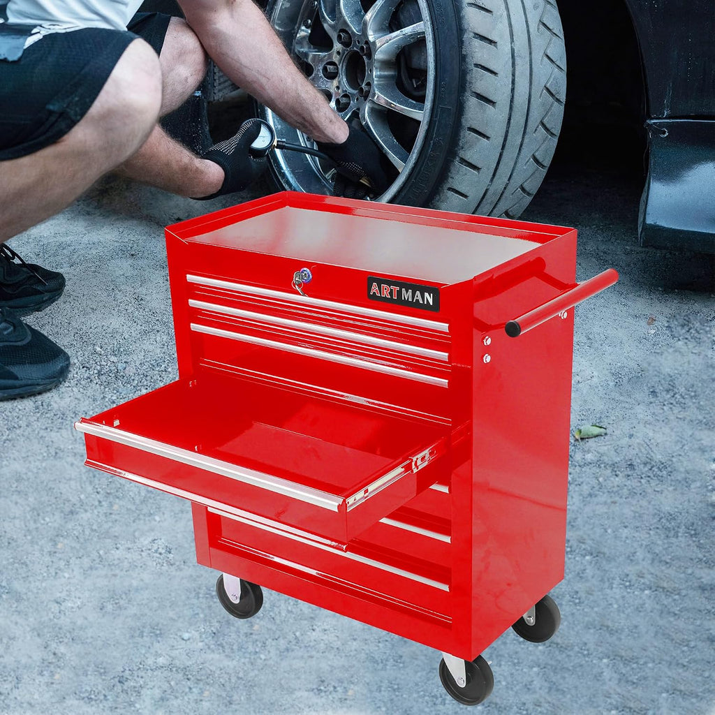 7-Drawers Multifunctional Tool Boxes on Wheels, Lockable 4' Casters Tool Cart Cabinet, Powder-coated Steel Rolling Tool Chest with Key for Garage, Warehouse, Repair Shop, 231LBS Capacity - Red