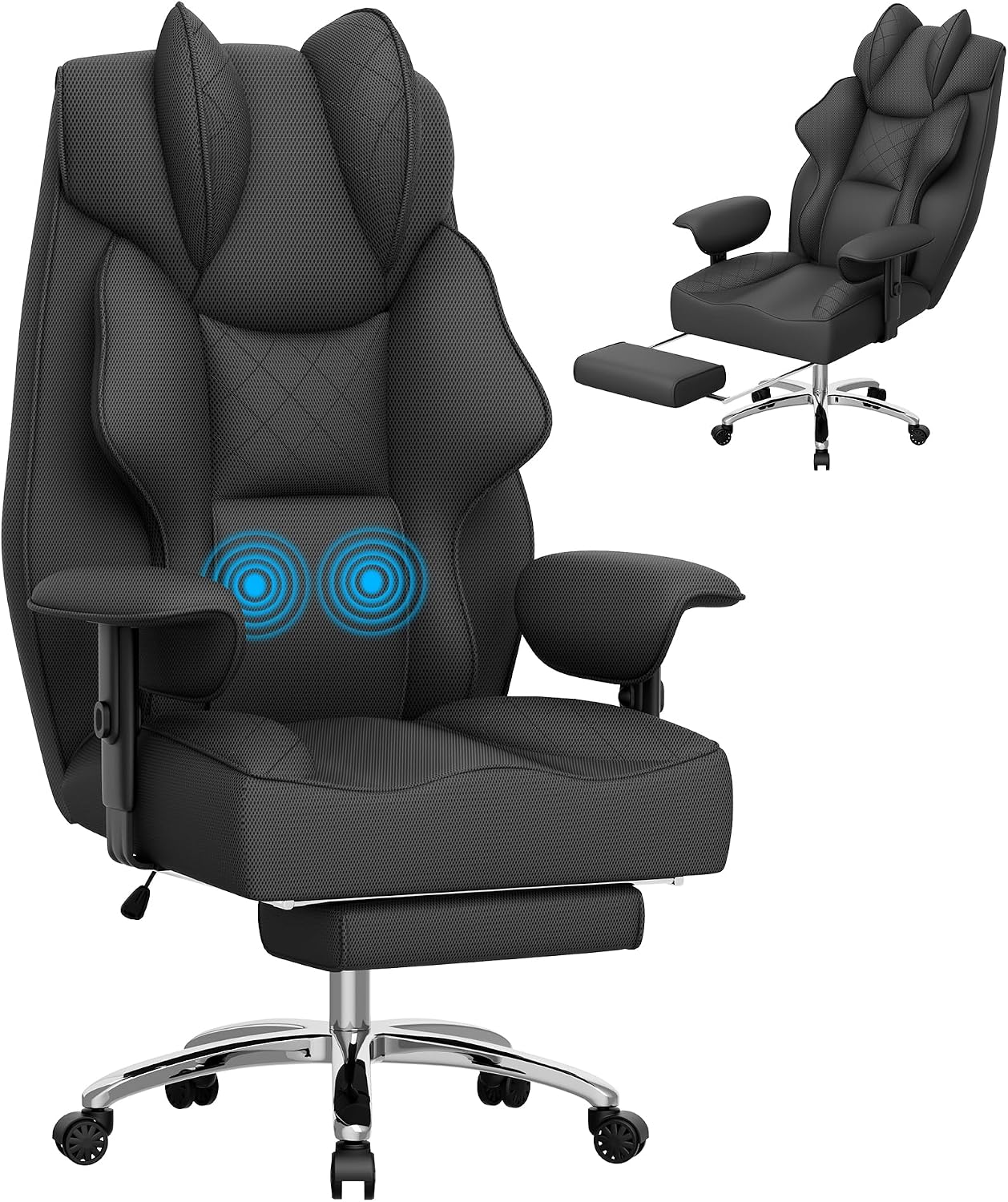 Homall Big and Tall Massage Office Chair,Reclining High Back Ergonomic Home Office Desk Chair with Adjustable Padded Armrest and Foot Rest (Mesh, Black)