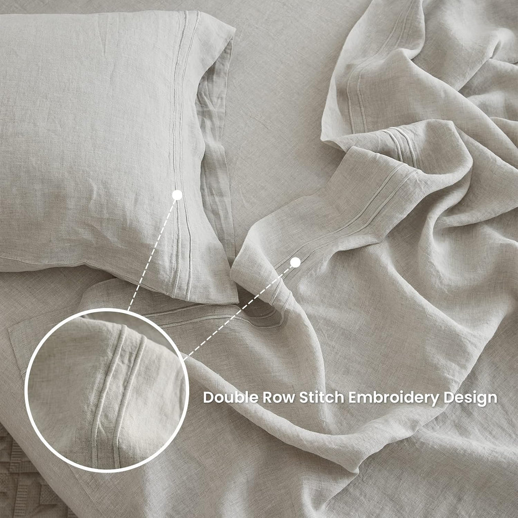 Simple&Opulence 100% Linen Sheet Set 4 Pieces Natural France Flax Bed Sheet (1 Flat Sheet, 1 Fitted Sheet, 2 Pillowcases) Breathable Luxury Hotel Bedding - Embroidery Linen, Queen Size