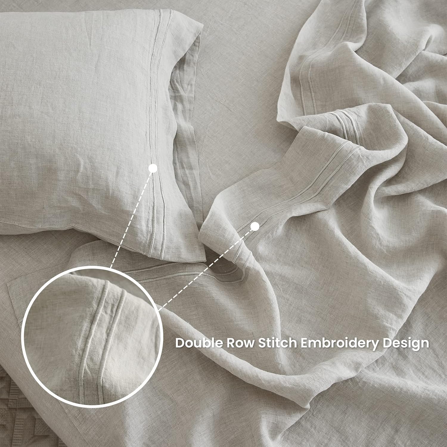 Simple&Opulence 100% Linen Sheet Set 4 Pieces Natural France Flax Bed Sheet (1 Flat Sheet, 1 Fitted Sheet, 2 Pillowcases) Breathable Luxury Hotel Bedding - Embroidery Linen, King Size