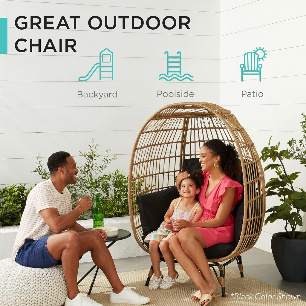 Best Choice Products Wicker Egg Chair, Oversized Indoor Outdoor Lounger for Patio, Backyard, Living Room w/ 4 Cushions, Steel Frame, 440lb Capacity - Navy