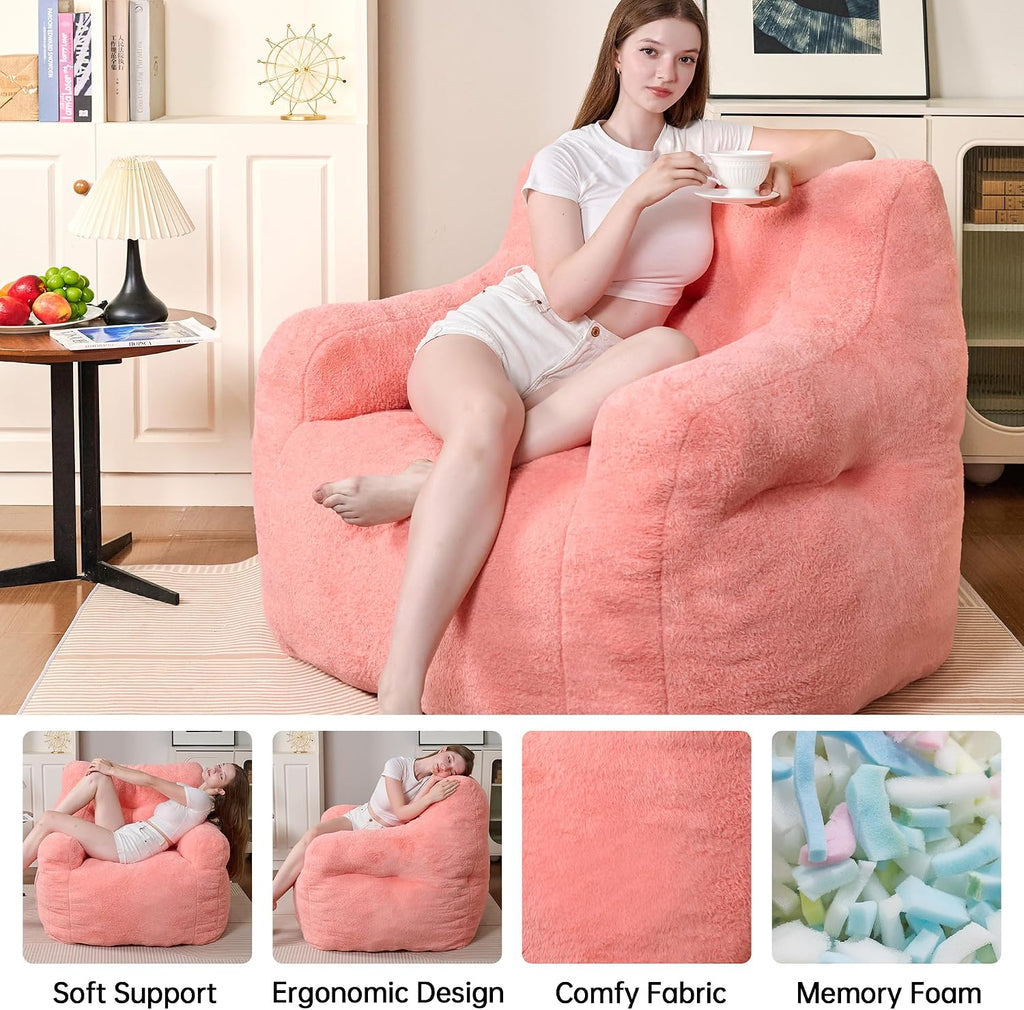 Cvortll 37' Bean Bag Chairs Large Bean Bag Couch for Adults Stuffed Sofa Chair Comfy Giant Bean Bag Chair - Plush Faux Fur Cover, for Reading, Playing or Relaxing (Pink)