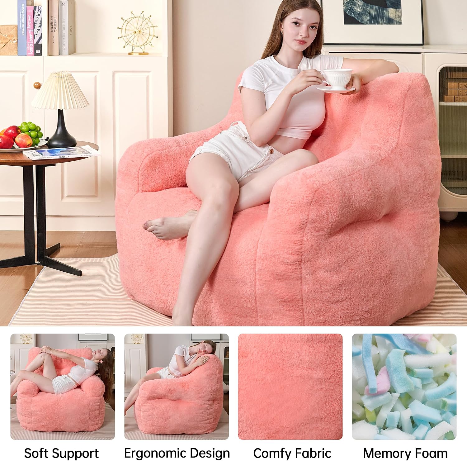 Cvortll 37' Bean Bag Chairs Large Bean Bag Couch for Adults Stuffed Sofa Chair Comfy Giant Bean Bag Chair - Plush Faux Fur Cover, for Reading, Playing or Relaxing (Pink)