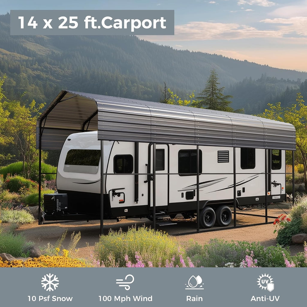 GREEN PARTY 14 x 25 x 13 ft Metal RV Carport Kits with Galvanized Steel Roof, Heavy Duty 2 Car Outdoor Car-Shed Canopy, Car Tent Metal Garage Shelter for RV, SUV, Truck, Tractors and Boats, Gray