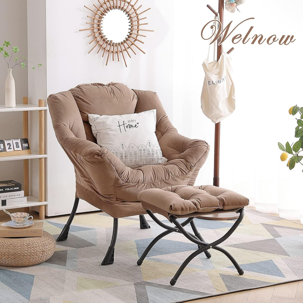 Welnow Lazy Chair with Ottoman, Modern Accent Chair with Armrests and a Side Pocket, Leisure Sofa Chair Set, Reading Chair with Footrest for Small Space, Corner Chair, Dark Brown
