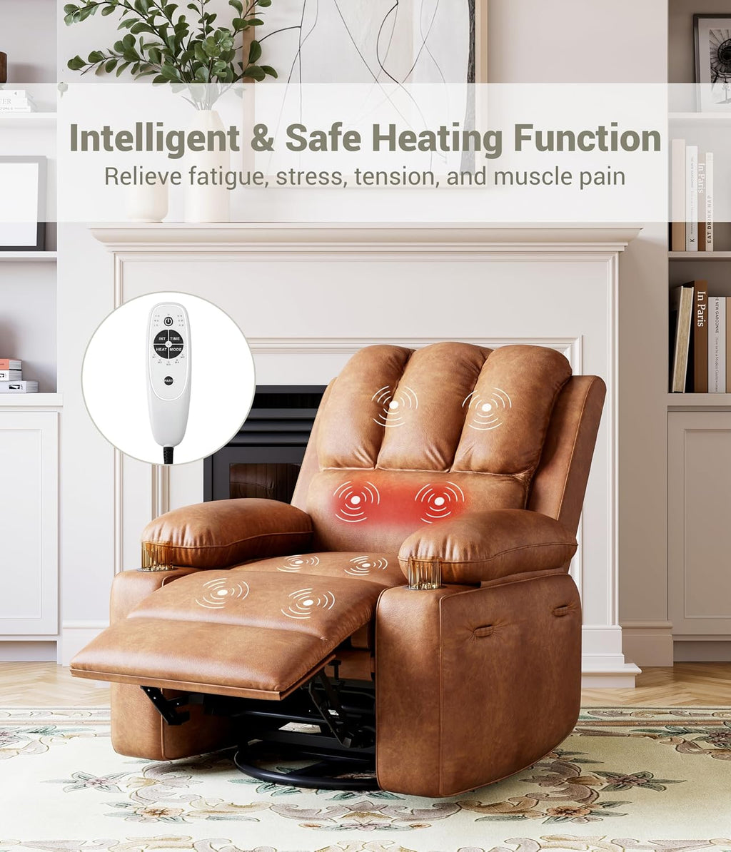 GarveeHome Oversized Recliner Chairs with Heat and Massage, Lazy Recliner Chair for Adults- Manual Chair with Cup Holder for Living Rooms, Bedrooms and Nurseries (Light Brown)