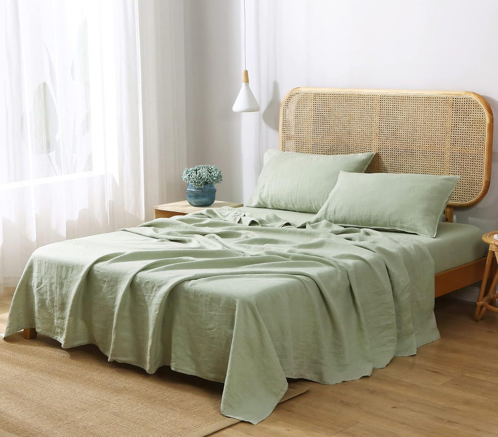 S VICTORY SYMBOL 100% Organic French Natural Linen Bed Sheets,Stone Washed 3 Pieces Sheets Set,Ultra Soft Luxurious Breathable Bedding(Light Green,Twin)