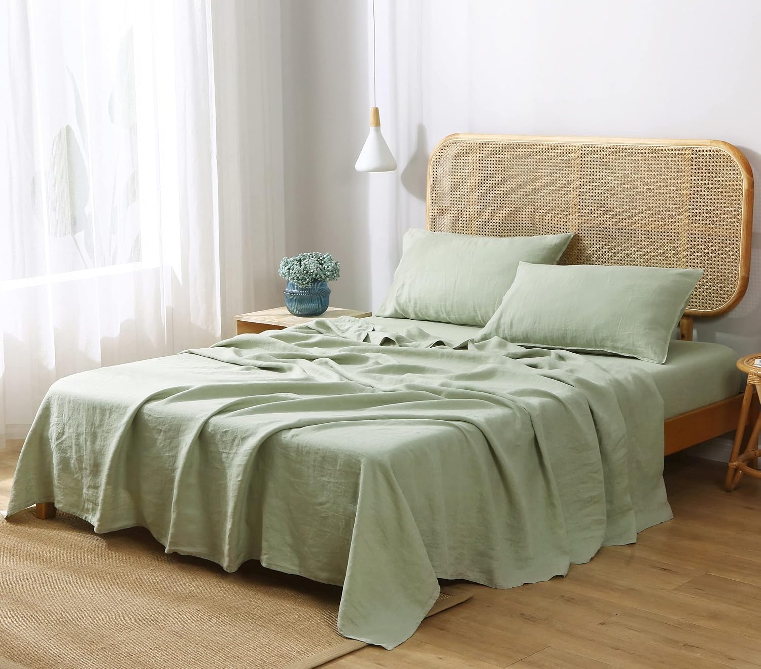 S VICTORY SYMBOL 100% Organic French Natural Linen Bed Sheets,Stone Washed 3 Pieces Sheets Set,Ultra Soft Luxurious Breathable Bedding(Light Green,Twin)
