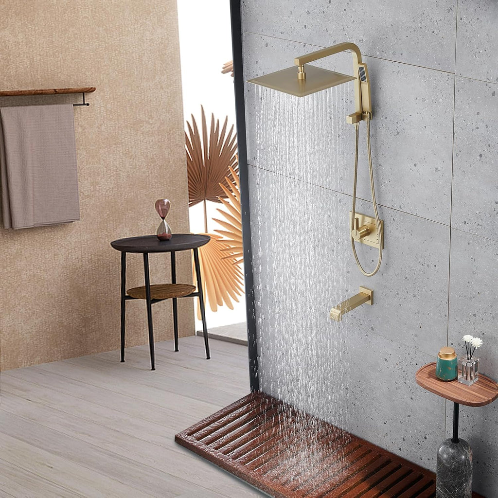 SOOOHOT Brushed Gold Shower Fixtures, Gold Shower Faucet Set with 12 Inch Gold Shower Heads with Handheld Spray Combo and Tub Spout, Shower Systems with Rain Shower and Handheld (Valve Included)