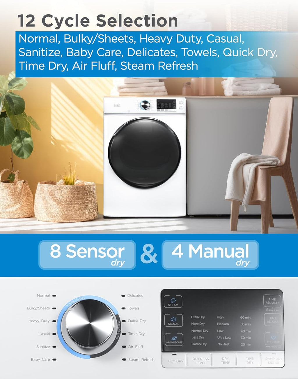BLACK+DECKER 8.0 Cu. Ft. Electric Front Load Dryer with Steam, Clothes Dryer with LED Display, 12 Cycle Selections, ENERGY STAR, 240V Machine Requires Professional Installation, BFLD80ME, White