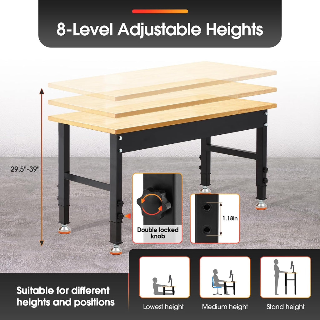 48 * 20' Adjustable Workbench, 2000 LBS Load Capacity Heavy Duty Workstation Without Power Outlets, Rubber Wood Top Worktable for Garage, Office,Workshop, Commercial