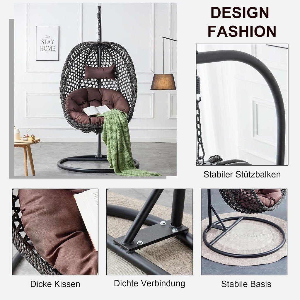 Swining Egg Chair with Stand,Wicker Rattan Hanging Egg Chairs, Patio Swing with UV Resistant Cushion, Outdoor Indoor Hanging with Foldable Basket Metal Stand for Bedroom (Black-S)