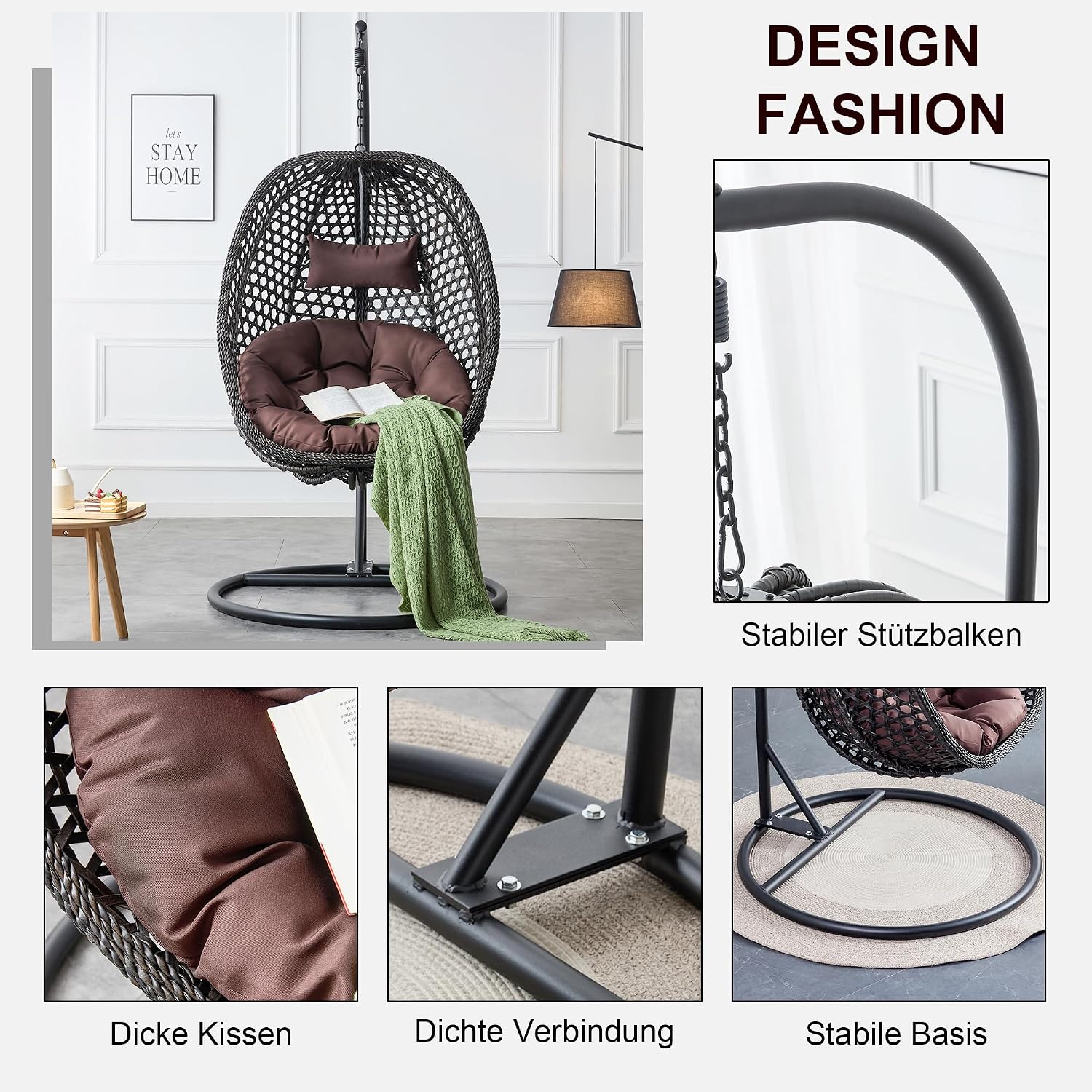 Swining Egg Chair with Stand,Wicker Rattan Hanging Egg Chairs, Patio Swing with UV Resistant Cushion, Outdoor Indoor Hanging with Foldable Basket Metal Stand for Bedroom (Black-S)