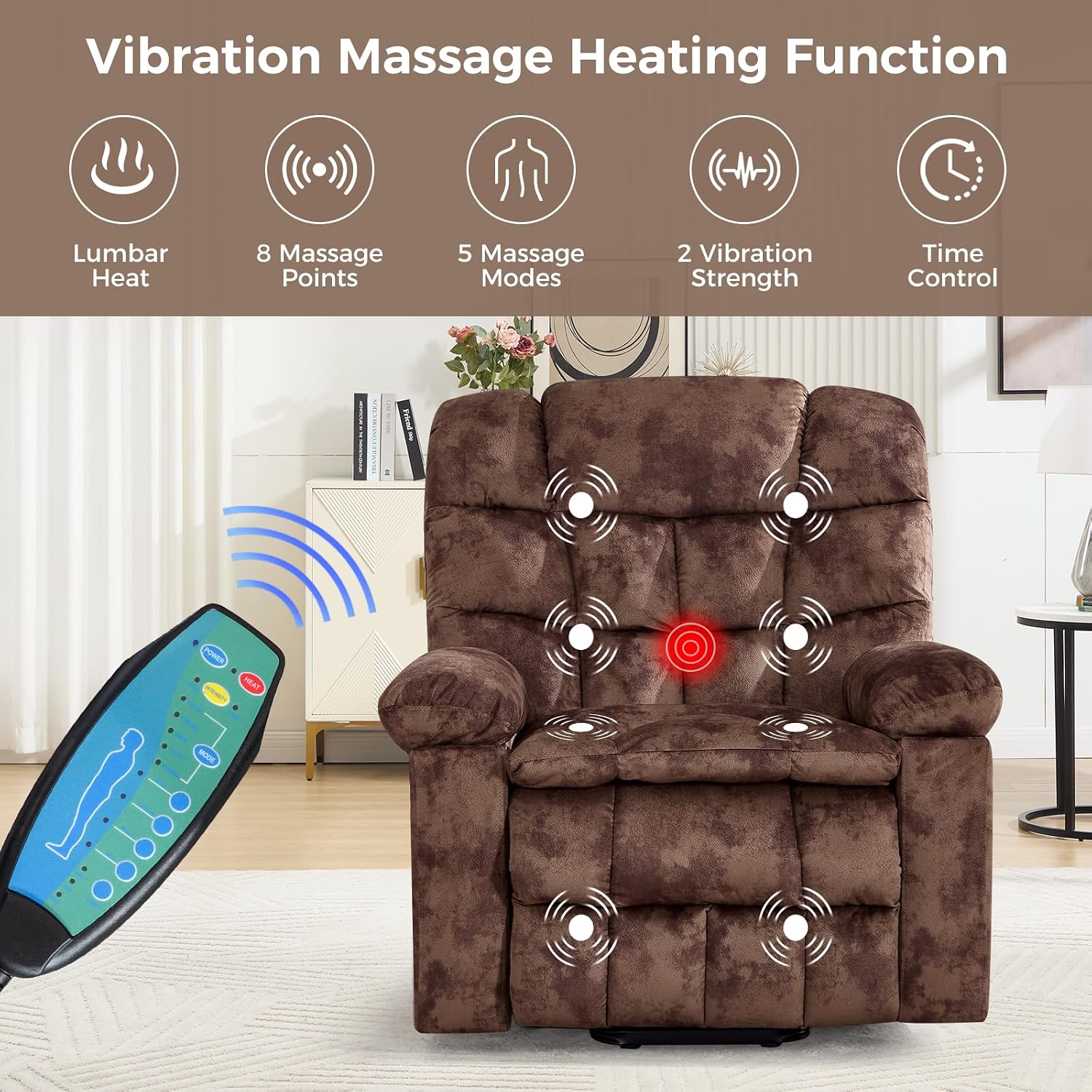 IOMOR Power Lift Recliner Chair for Elderly with Vibration Massage and Lumbar Heating, Overstuffed Electric Lift Chair with 2 Side Pockets and Cup Holders, USB & Type-C for Living Room, Textile Brown