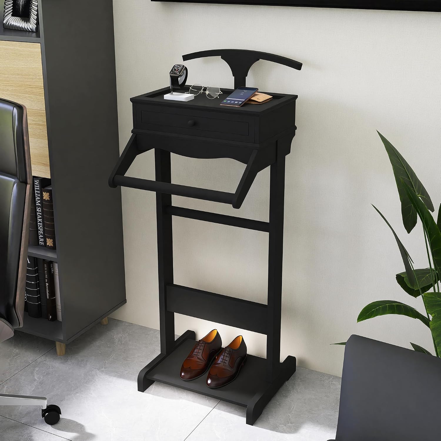 Mens Valet Stand with Drawer, Top Tray, Shoe Shelf and Suit Rack, Wooden Clothes Valet Stand for Bedroom Entryway