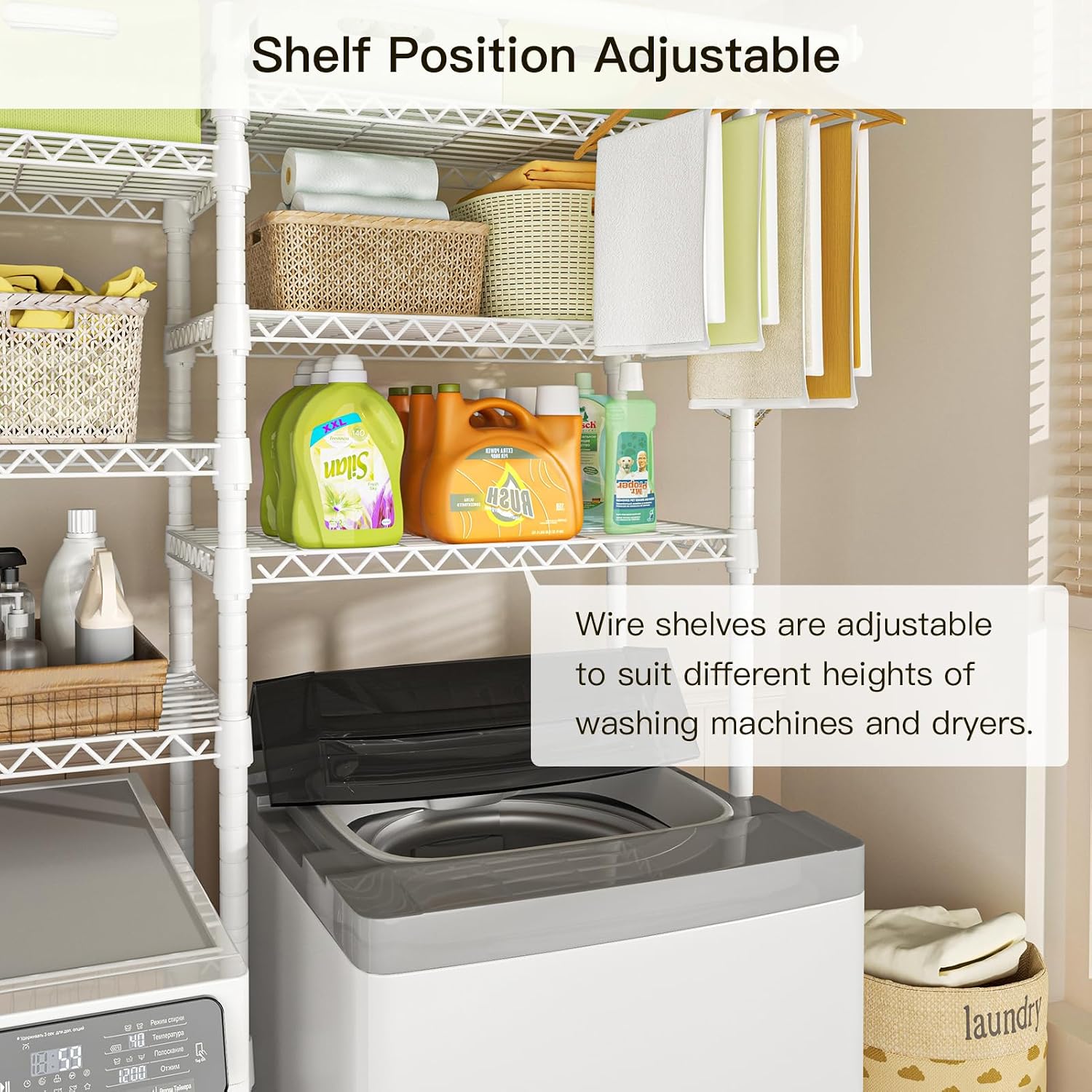 Ulif U13 Over Washer and Dryer Storage Shelves, 6 Tiers Laundry Room Standing Shelf with 2 Hanger Rods, Space Saver Clothes Drying Rack, 63.4' W x 22' D x 77.4' H, White