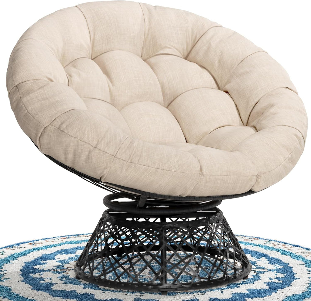 Bme 40' Ergonomic Wicker Papasan Chair with Soft Thick Density Fabric Cushion, High Capacity Steel Frame, 360 Degree Swivel for Living, Bedroom, Reading Room, Lounge, Sepia Sand - Black Base