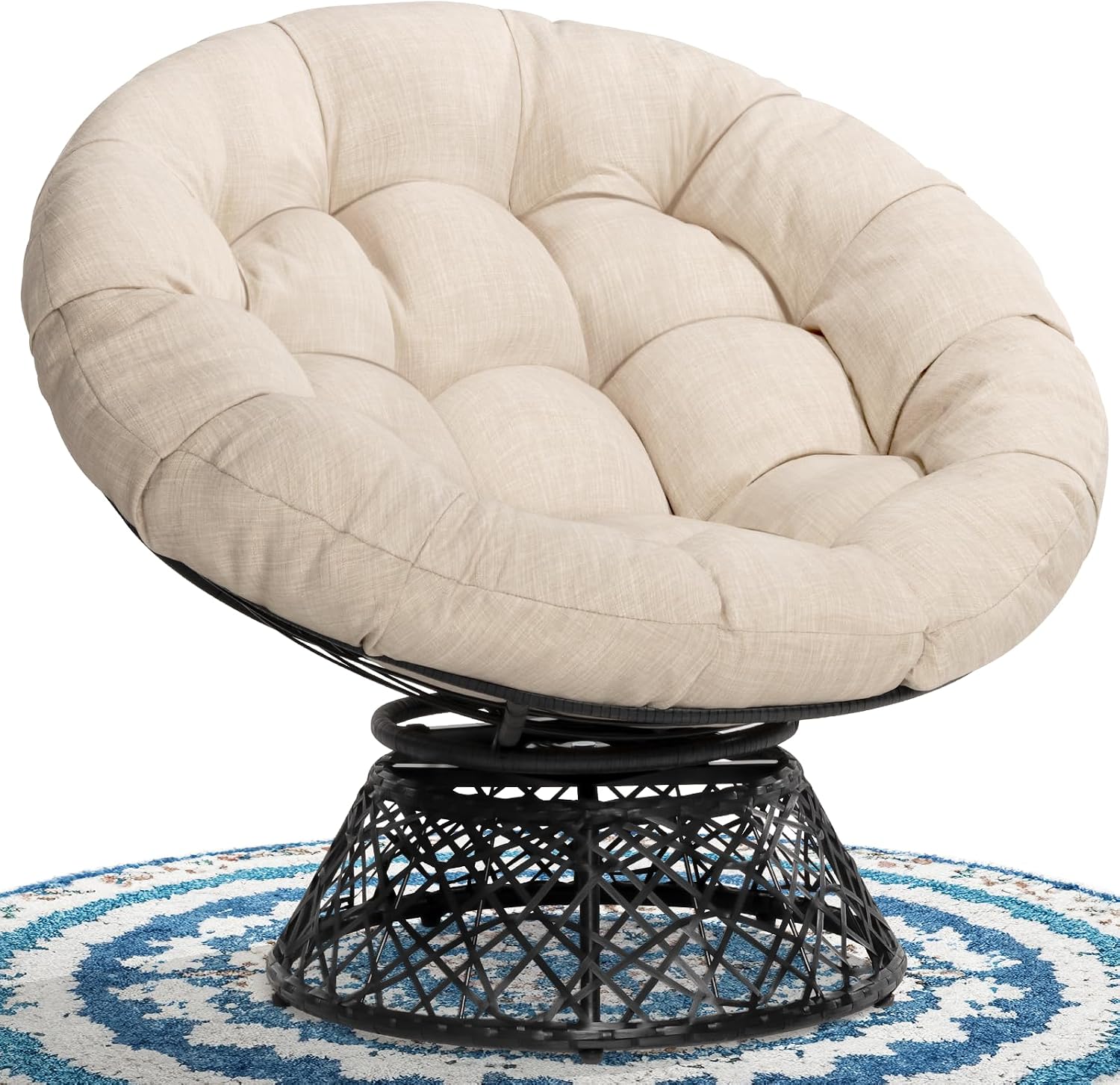 Bme 40' Ergonomic Wicker Papasan Chair with Soft Thick Density Fabric Cushion, High Capacity Steel Frame, 360 Degree Swivel for Living, Bedroom, Reading Room, Lounge, Sepia Sand - Black Base