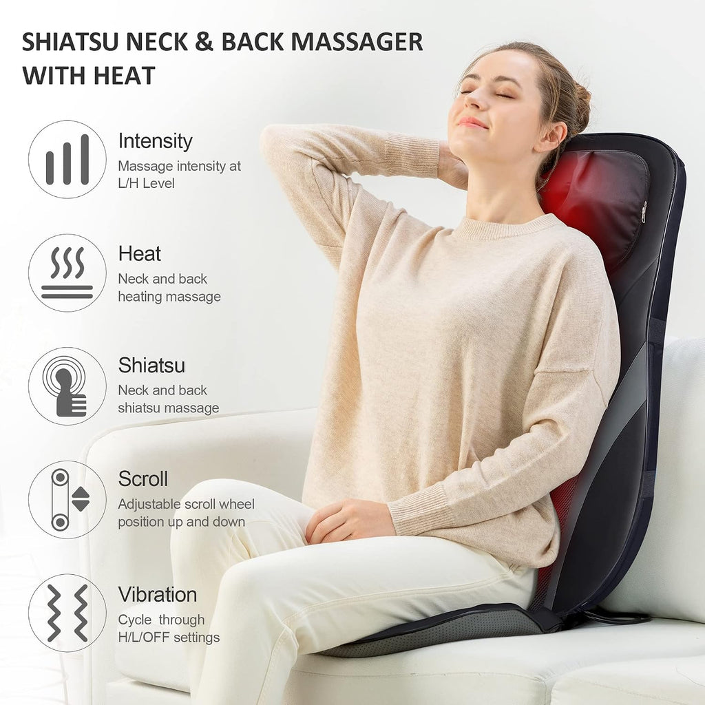 Snailax Shiatsu Back Massager with Heat -Deep Kneading Massage Chair Pad with Adjustable Intensity, Shiatsu Chair Massager to Relax Full Body Muscle，Gift for Mother