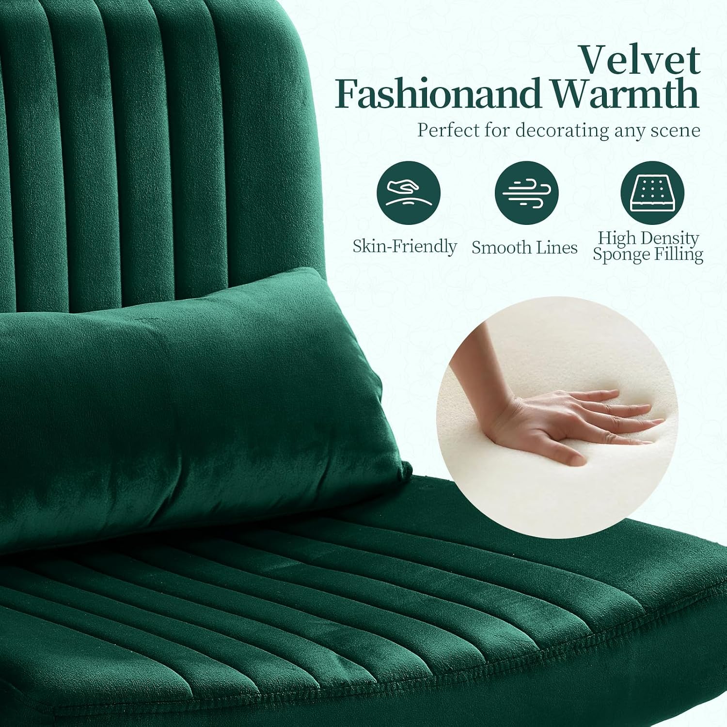 Warmiehomy Velvet Criss Cross Office Chair with Wheels, Luxury Cross Legged Desk Chair for Bedroom, Armless Wide Seat Computer Chair, Modern Vanity Chair, Gift for Teens & Girlfriend, Emerald Green