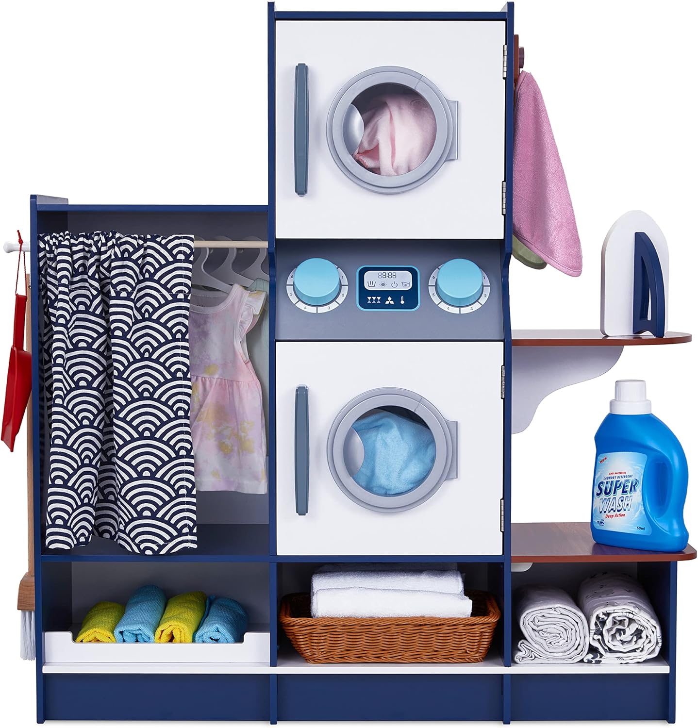 Lil' Jumbl Kids Washer and Dryer Playset, Wooden Children's Pretend Laundry Set, Includes Broom, Dustpan, Iron, Hangers & Basket, Realistic Laundry Room for Kids
