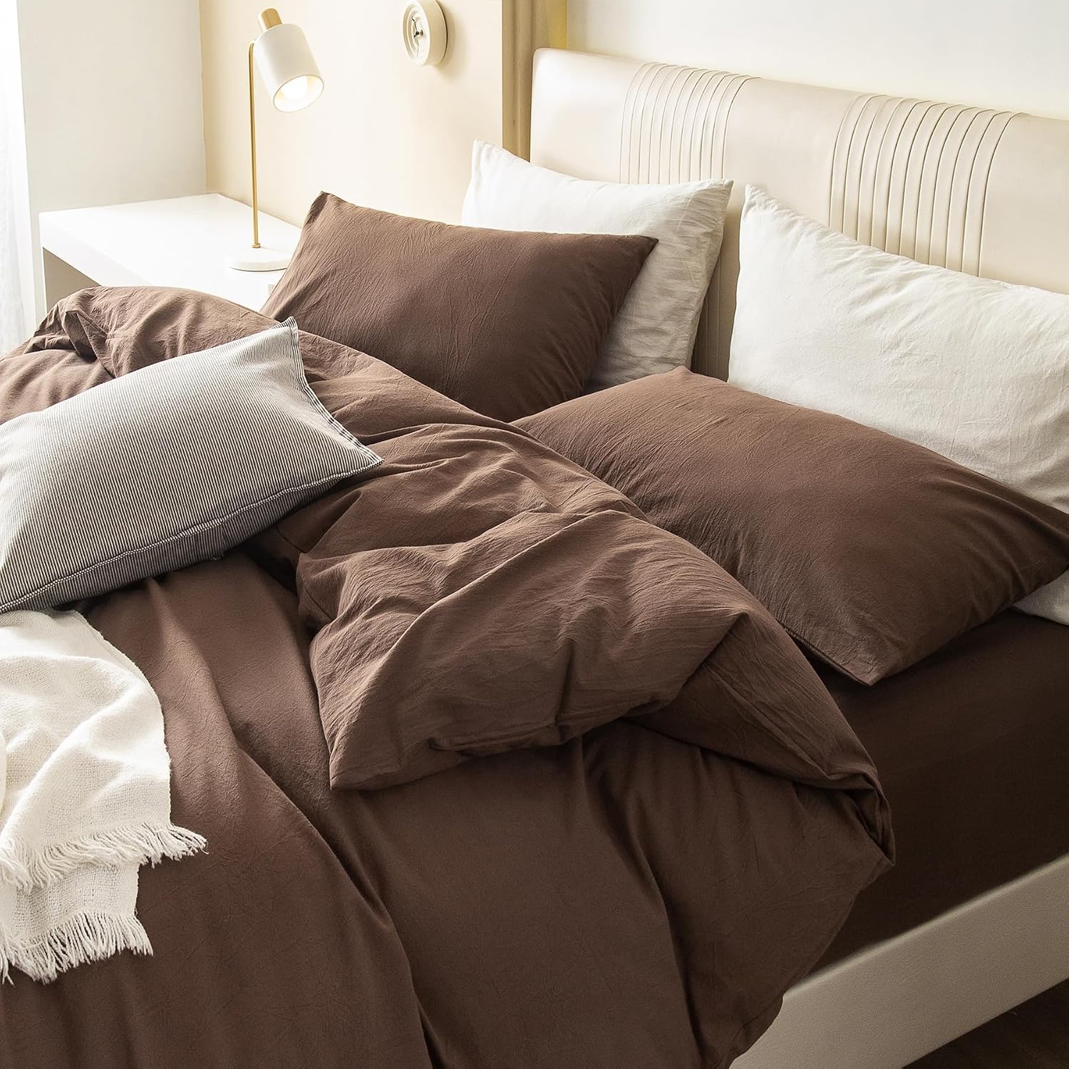 JIYUAN Oversized King Plus Duvet Cover Set, 3-Piece - 100% Washed Cotton, Linen-Like Soft & Breathable with Zipper Closure, Includes 128x120 Inch Cover & 2 Pillowcases, Solid Chocolate Brown