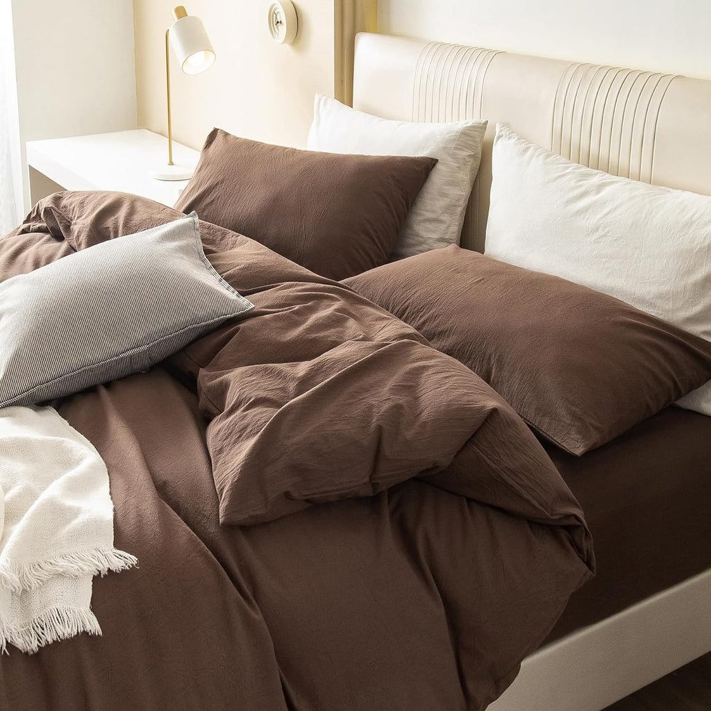 JIYUAN Alaska King Duvet Cover Set, 3-Piece - 100% Washed Cotton, Linen-Like Soft & Breathable with Zipper Closure, Includes 132x120 Inch Cover & 2 Pillowcases, Solid Chocolate Brown