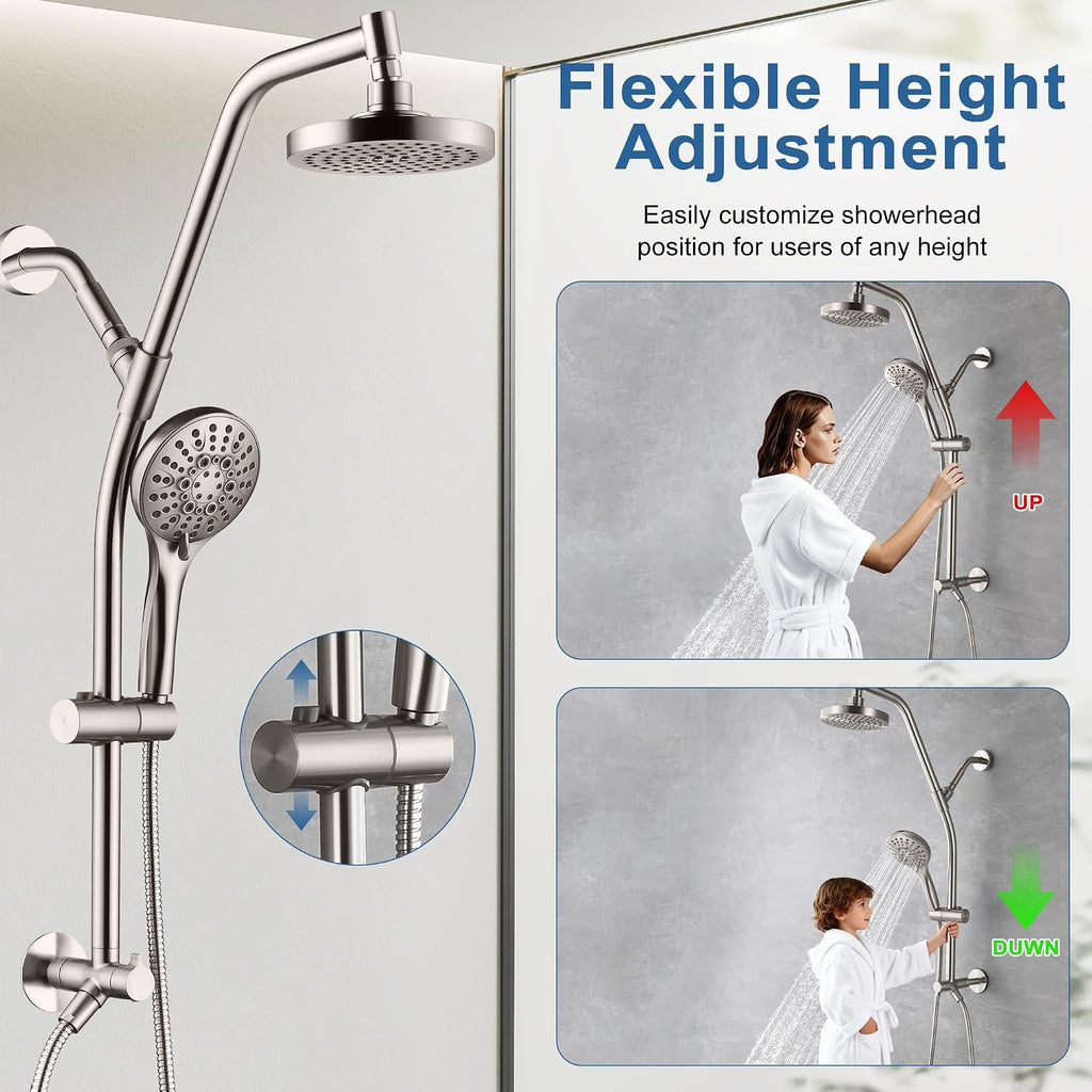 BRIGHT SHOWERS Rain Shower Head with Handheld Combo, Dual Shower System with Slide Bar, Rain Shower System, Adjustable Height, Brass Slide Bar & Diverter, 60 Inch Stainless Steel Hose, Brushed Nickel