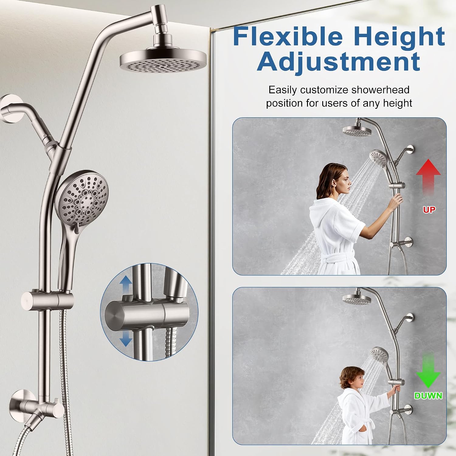 BRIGHT SHOWERS Rain Shower Head with Handheld Combo, Dual Shower System with Slide Bar, Rain Shower System, Adjustable Height, Brass Slide Bar & Diverter, 60 Inch Stainless Steel Hose, Brushed Nickel