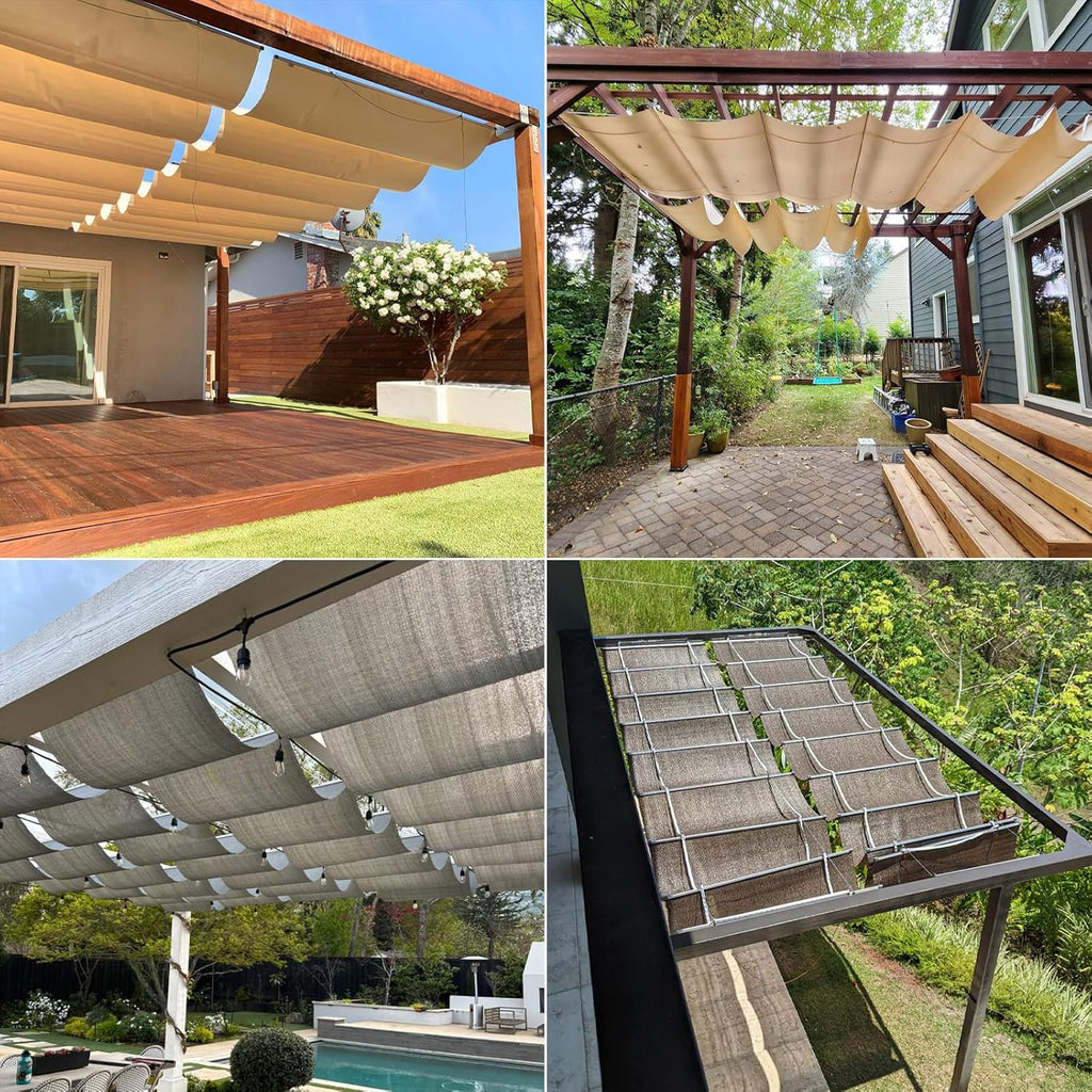 TANG 4' x 16' Waterproof Pergola Shade Cover Retractable Sun Shades Outdoor Patio Pergolas Canopy Replacement Pergola Kit, Wave Shade Sail with Hardware Wire Cable, Beige