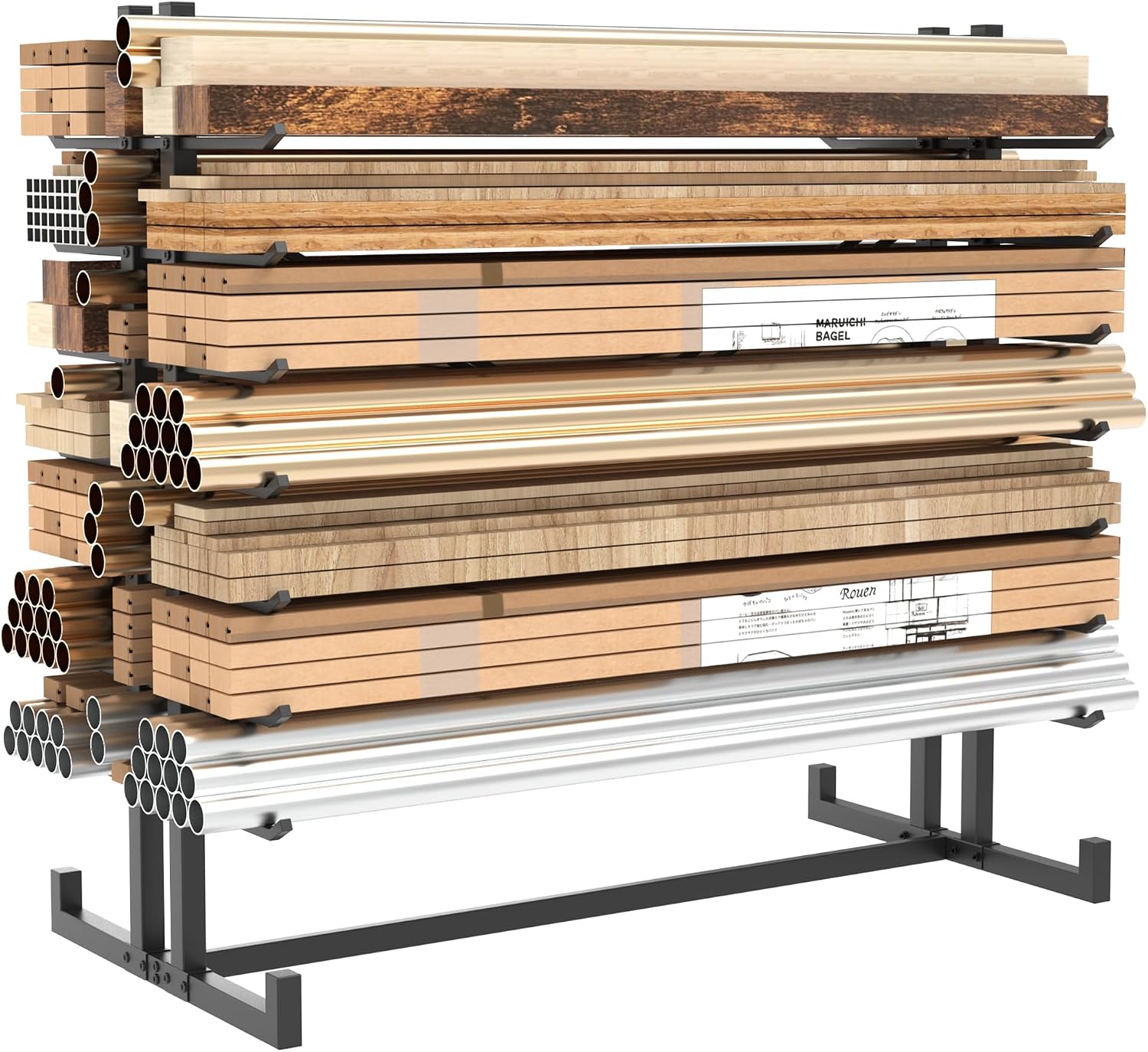 Soywey 7-Tier Steel Horizontal Storage Rack,Detachable Lumber Storage Rack,Load 2000 Lbs Heavy Adjustable Pipe Rack Lumber Organizer Shelf for Garage Workshop Shed Basement Black(No Wheel)