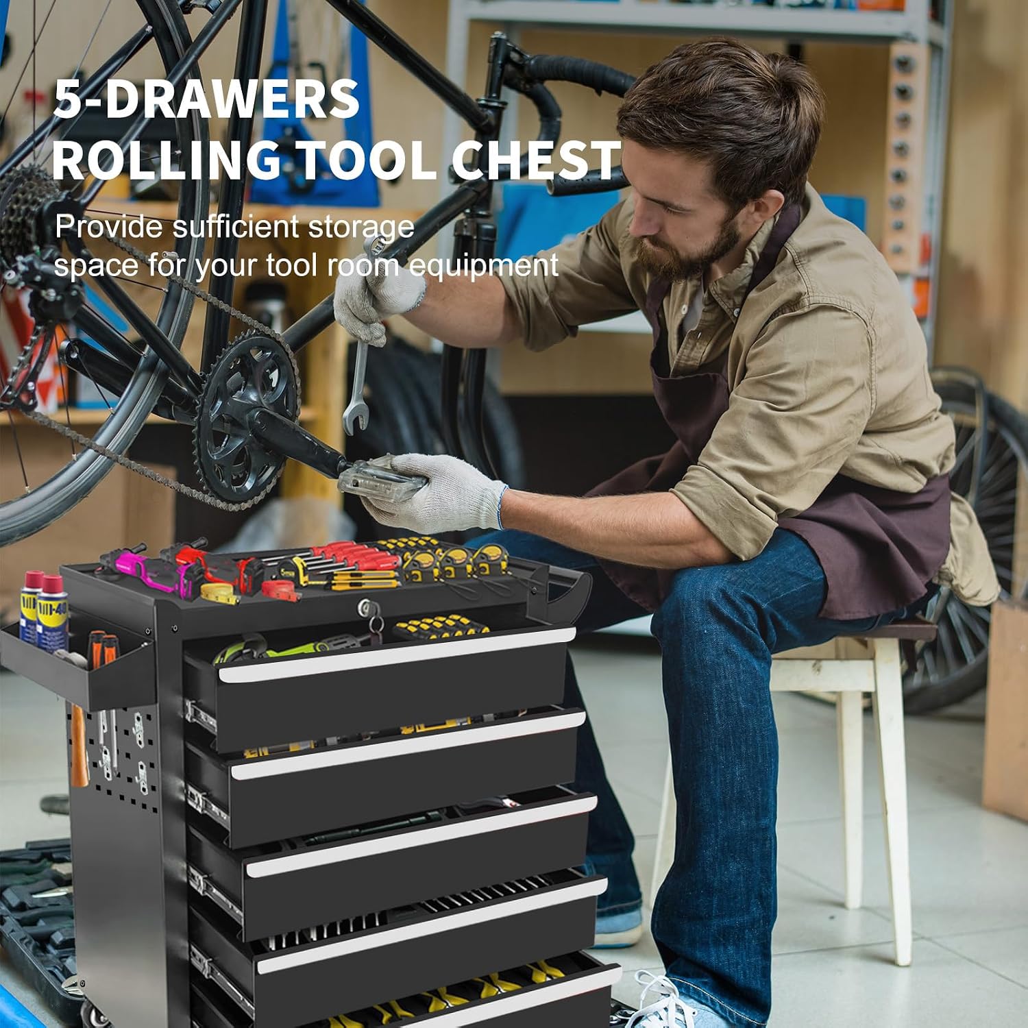 Rolling Tool Chest with Wheels, 5 Drawers Tool Storage Cabinet, Portable Metal Tool Box Organizer with Lock, Tool Cart on Wheels Toolbox Workbench for Garage, Workshop, Warehouse(Required Assembly)