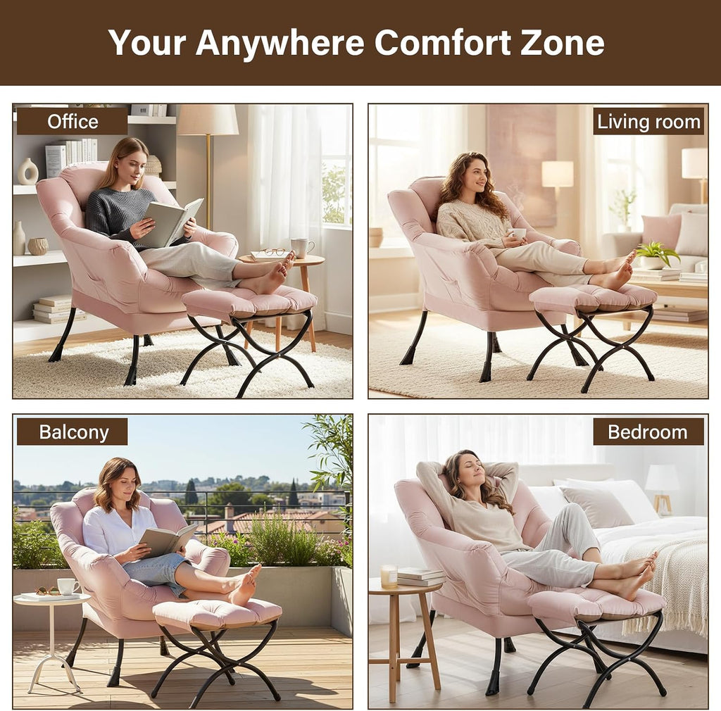 Welnow Lazy Chair with Ottoman, Modern Accent Chair with Armrests and a Side Pocket, Leisure Sofa Armchair, Reading Armchair with Footrest for Small Space, Pink