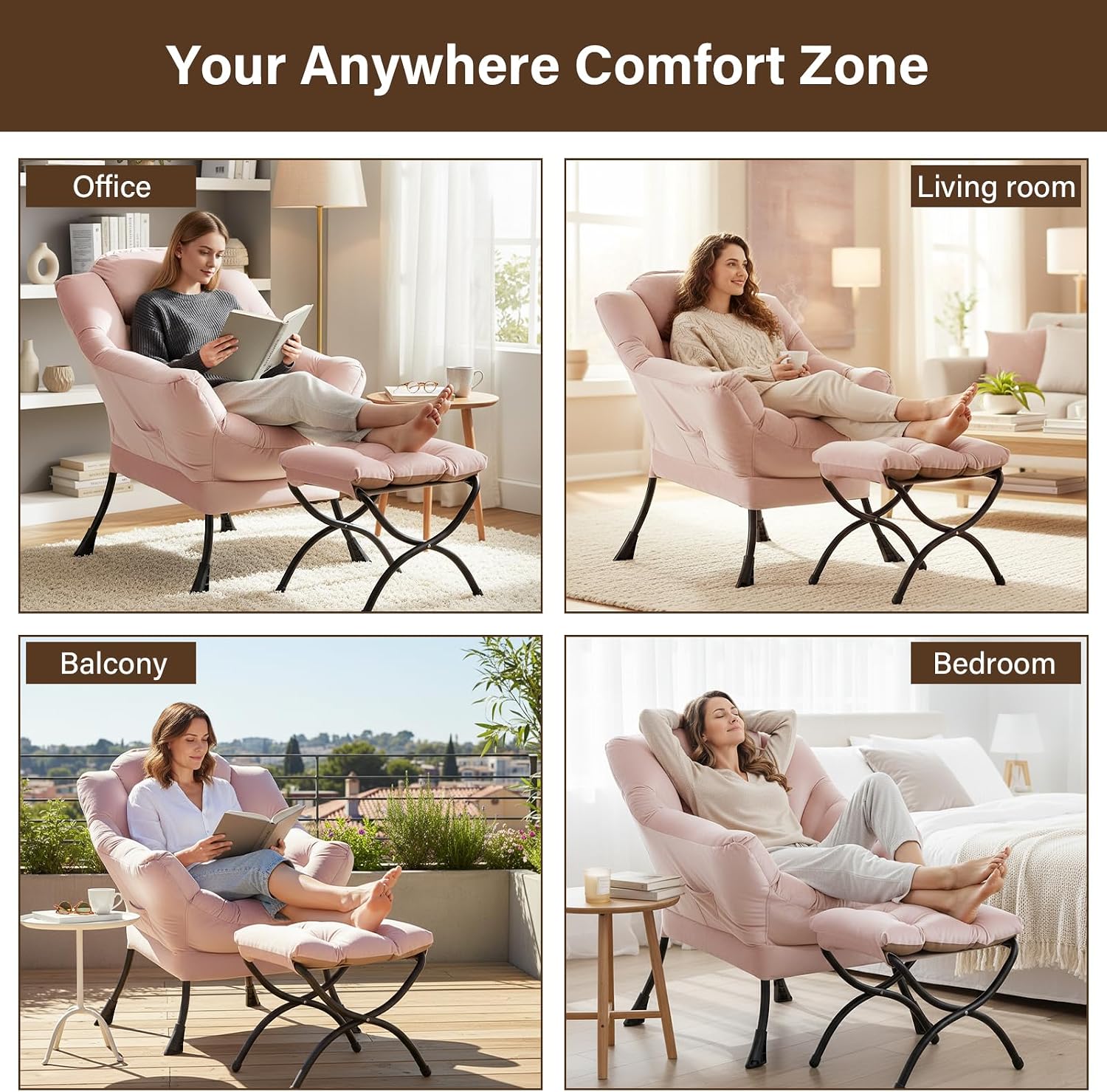 Welnow Lazy Chair with Ottoman, Modern Accent Chair with Armrests and a Side Pocket, Leisure Sofa Armchair, Reading Armchair with Footrest for Small Space, Pink