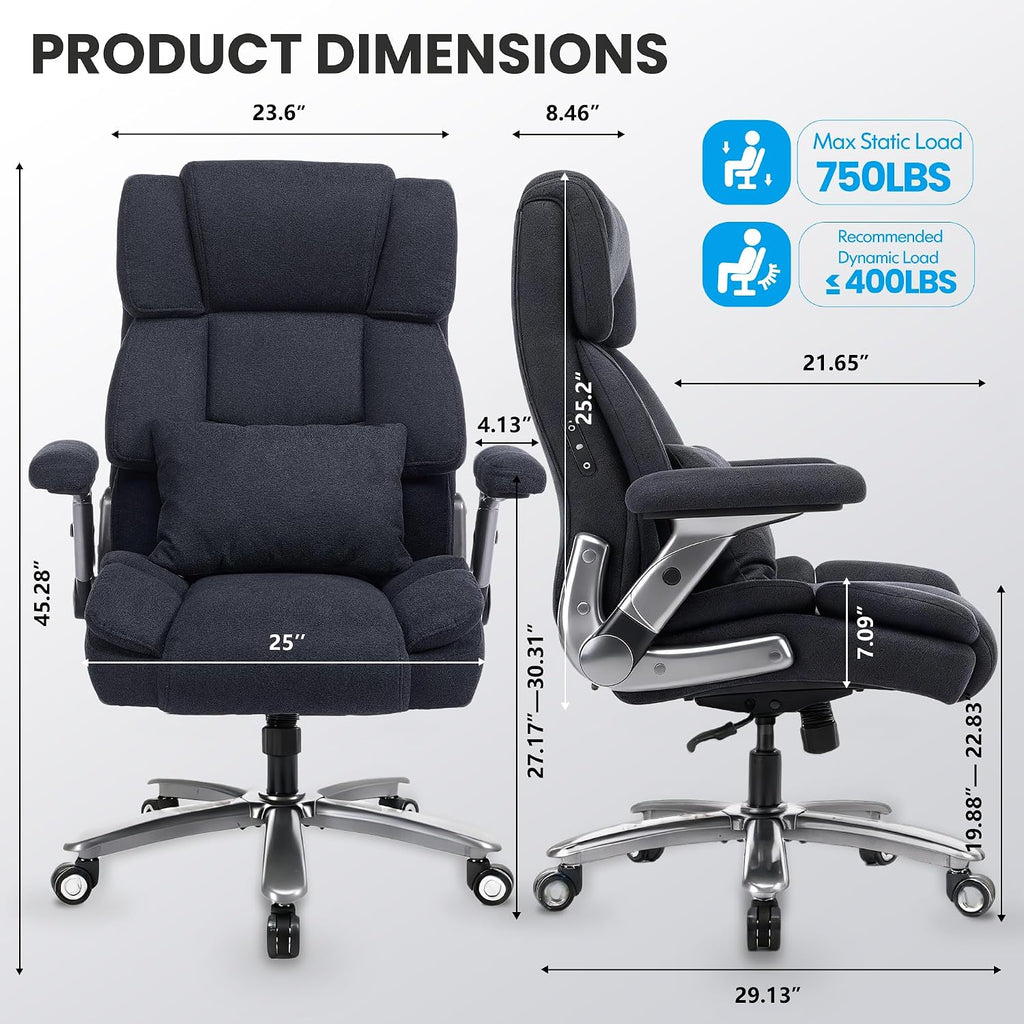 750lbs Heavy Duty Desk Chair with 3D Kneading Massage, Big and Tall Office Chairs with Ergonomic Support, 3D Armrests, 5 Quiet Dual Rubber Wheel, Thick Spring Cushion(Black-Fabric)