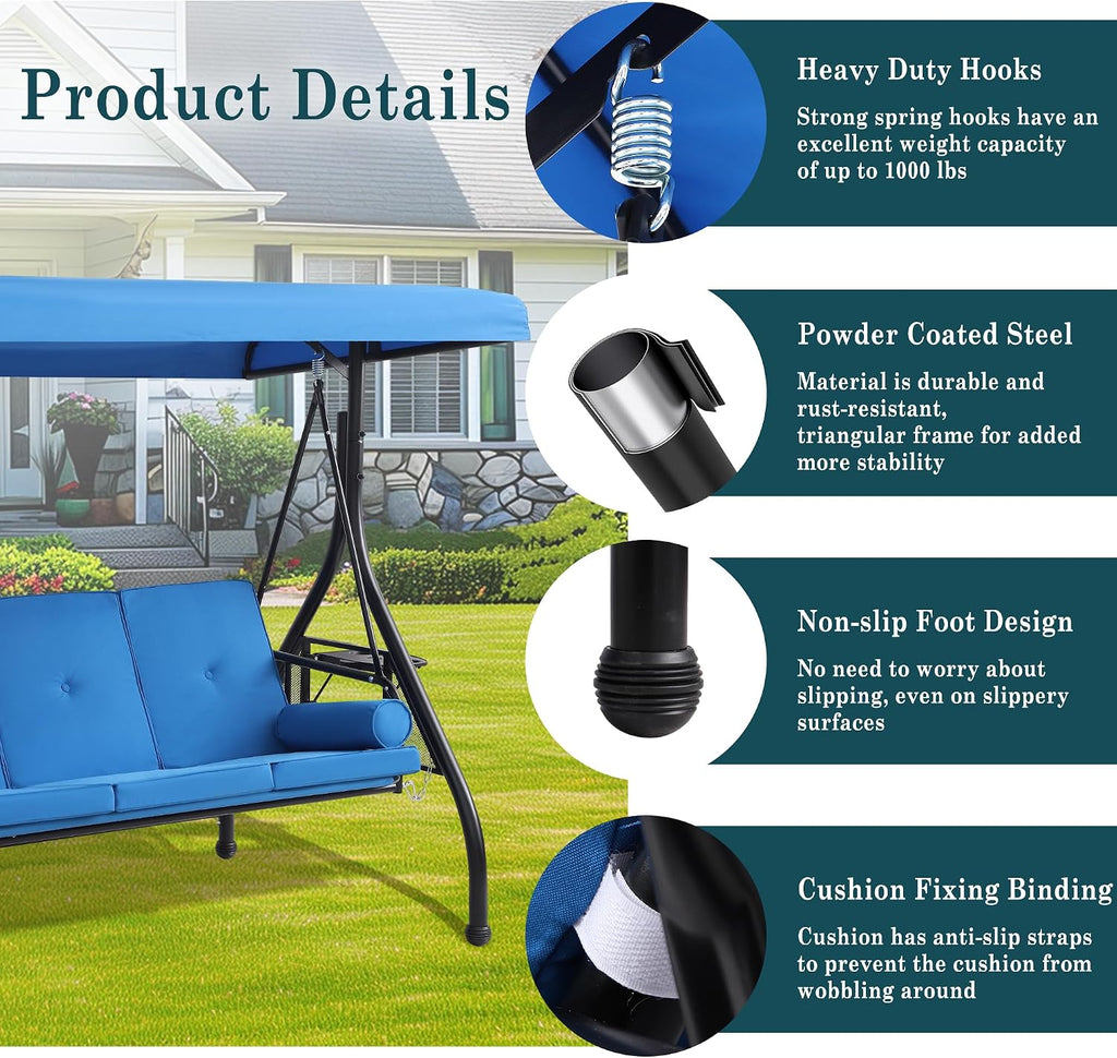 MAGIC UNION 3-Seat Outdoor Patio Swings with Canopy Adjustable Porch Swing with Stand, Upgrade Pillows Cushions and Foldable Side Tray for Patio, Backyard (Blue)