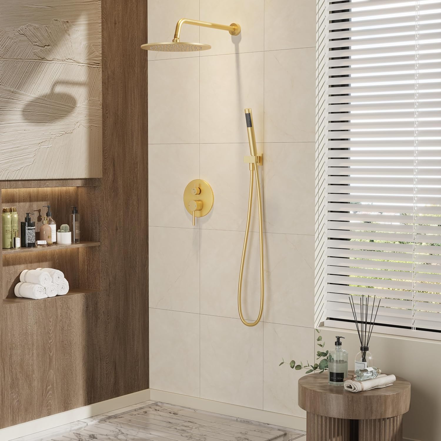 Gabrylly Brushed Gold Shower System with Rough-in Valve, 10 Inch Wall Mounted High Pressure Rainfall Shower Head with Handheld Combo, Luxury All Metal Bathroom Shower Faucet Fixtures Complete Set