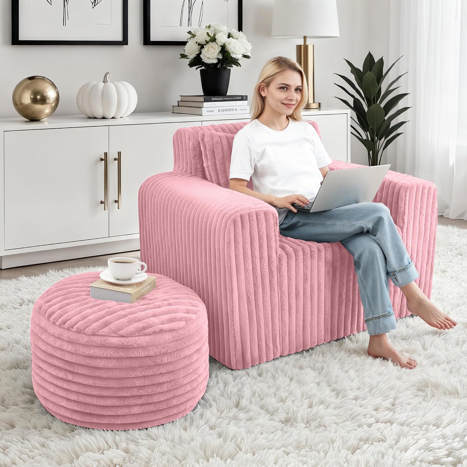 HABUTWAY Bean Bag Chair for Adults with Pillow, Giant Bean Bag Chairs with Ottoman, Comfy Dorm Chair with High Backrest & Wider Armrest, Lounger Chair Indoor for Bedroom Living Room(Pink)