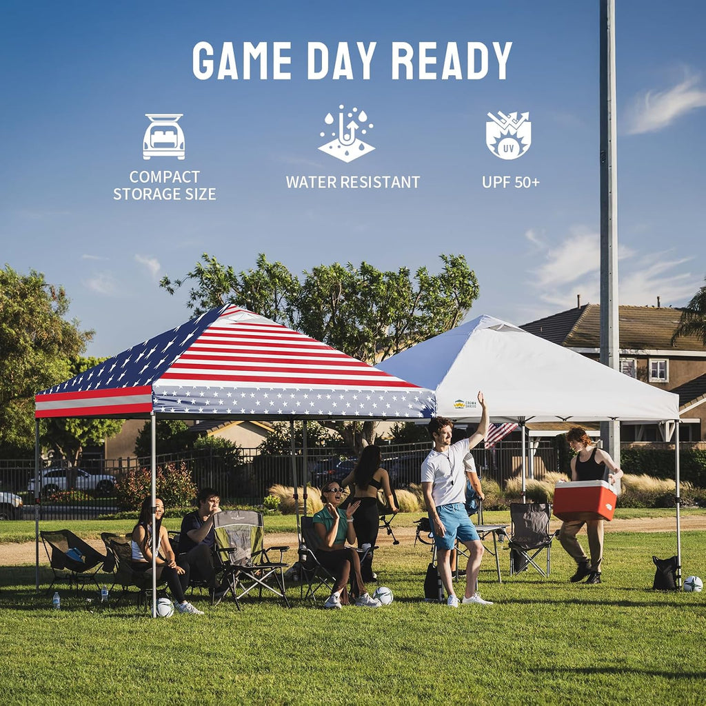 CROWN SHADES 10x10 Pop Up Canopy - Beach Tent with One Push Setup - Easy Outdoor Sun Shade for Events, Parties, Camping - Gazebo with STO-N-Go Cover Bag, Silver Coated Top, American Flag