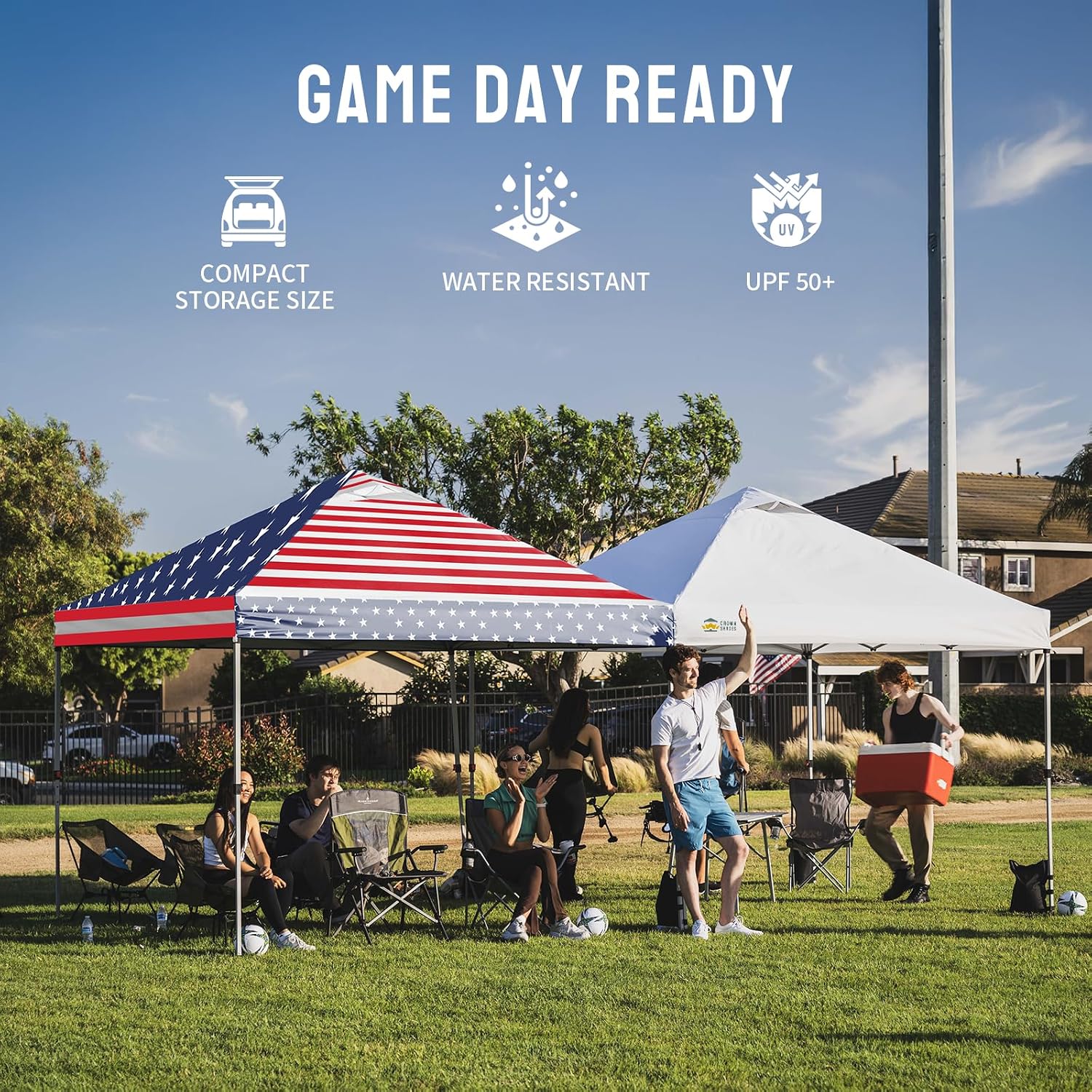 CROWN SHADES 10x10 Pop Up Canopy - Beach Tent with One Push Setup - Easy Outdoor Sun Shade for Events, Parties, Camping - Gazebo with STO-N-Go Cover Bag, Silver Coated Top, American Flag