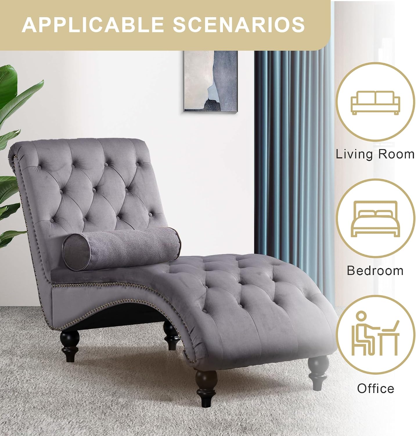 Velvet Chaise Lounge Indoor,Button-Tufted Upholstered Chaise Lounge Chair with Pillow for Bedroom Living Room Office Modern Backrest Leisure Recliner Sleep Sofa,Grey New
