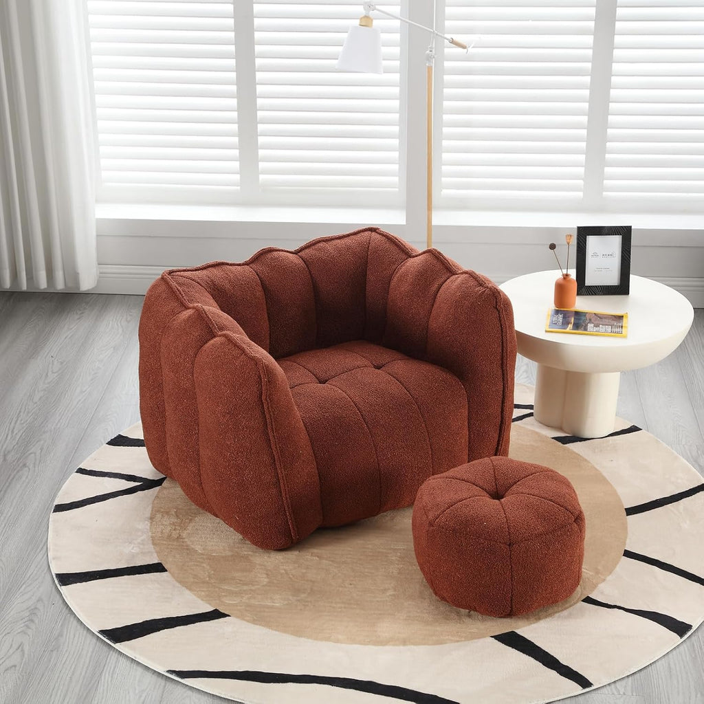 Giant Bean Bag Chair with Ottoman, Oversized Beanbag Chair for Adults, Comfy Floor Sofa Chair with Foam Filler, Pumpkin Lazy Lounger for Living Room, Game Room, Reading Corner, Chenille Reddish Brown