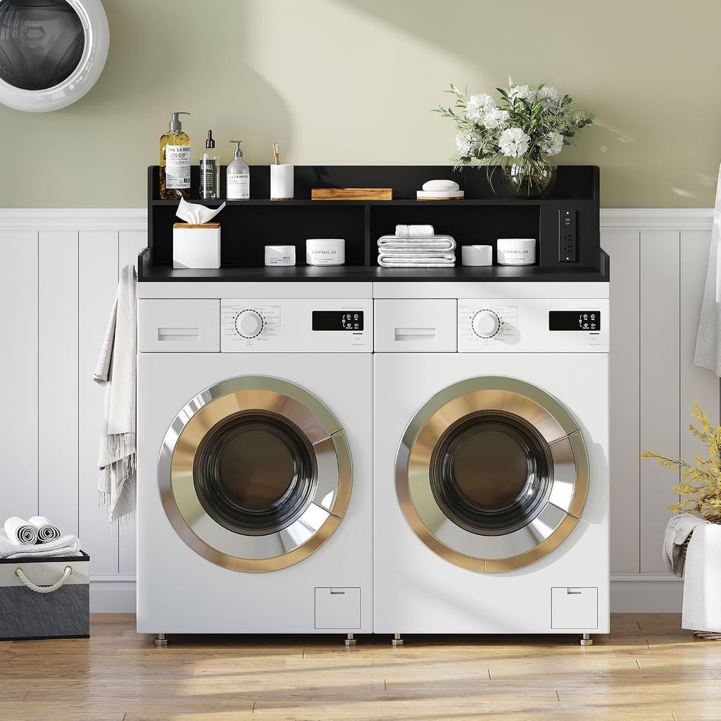 Upgraded 2-Tier Washer and Dryer Countertop with Power Outlet,54' W x 27.6' D Large Laundry Countertop for Fold Clothes, Laundry Topper with Non-Slip Pads & Metal Hooks and Storage Basket