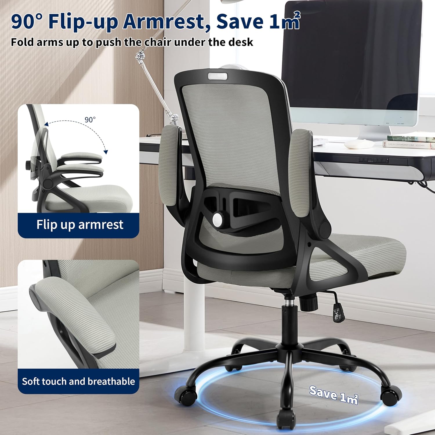 Ergonomic Office Chair, Desk Chair with Adjustable Lumbar Support, Breathable Mesh Comfy Computer Chairs with Flip-up Armrests Executive Task Chair for Adults Home Office (Dark Gray)