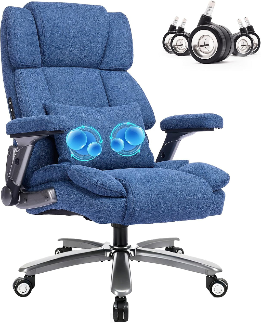 750lbs Heavy Duty Desk Chair with 3D Kneading Massage, Big and Tall Office Chairs with Ergonomic Support, 3D Armrests, 5 Quiet Dual Rubber Wheel, Thick Pocket Spring Cushion(Blue, Fabric)